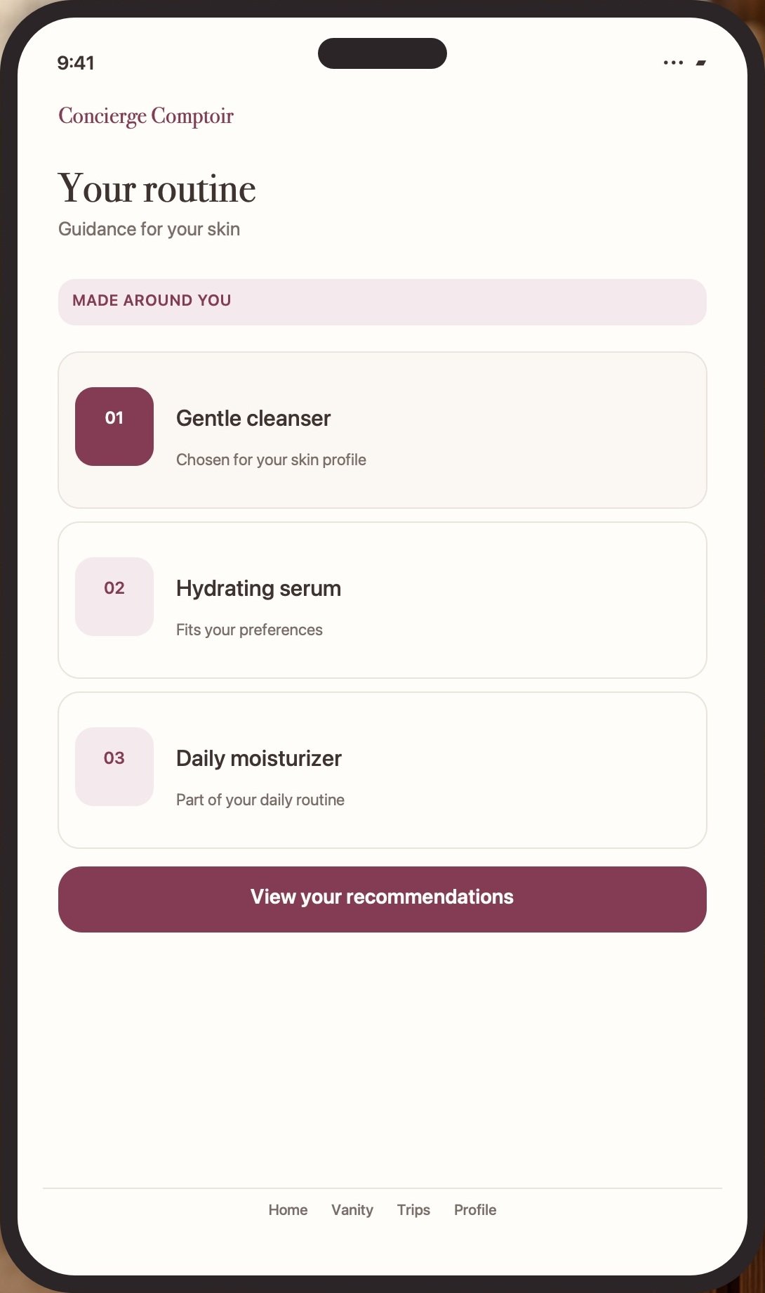 Concierge Comptoir shown on a phone, displaying a personal skincare routine