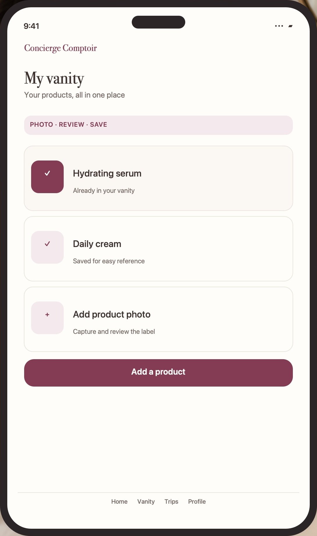 Phone screen showing a personal vanity with saved skincare products
