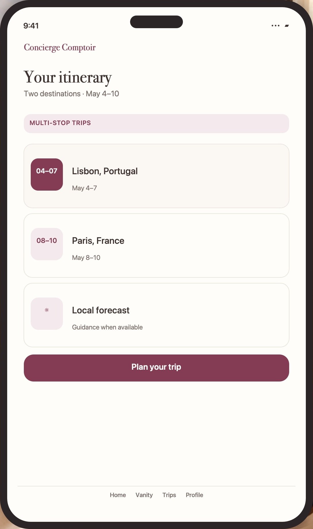 Phone screen showing a two-destination travel itinerary