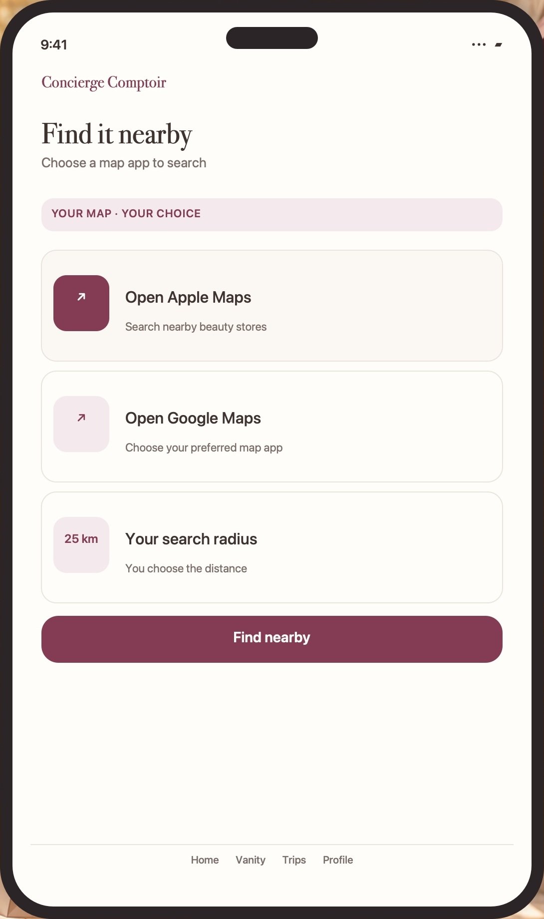 Phone screen showing nearby beauty-store map options and a chosen search radius